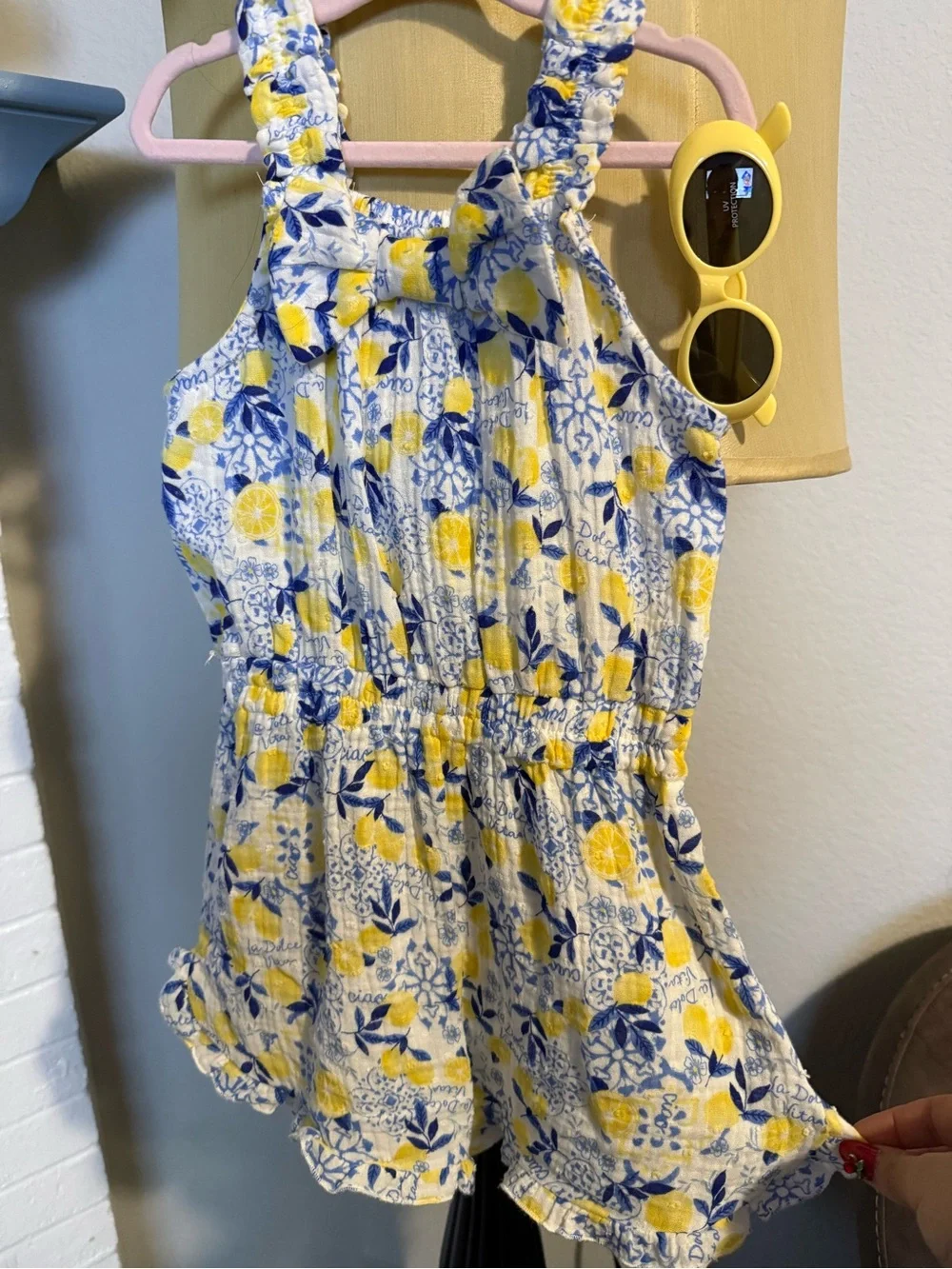 Rachel Zoe Girls 3 Pc Outfit Set 4T Lemon Romper Hat Sunglasses Summer